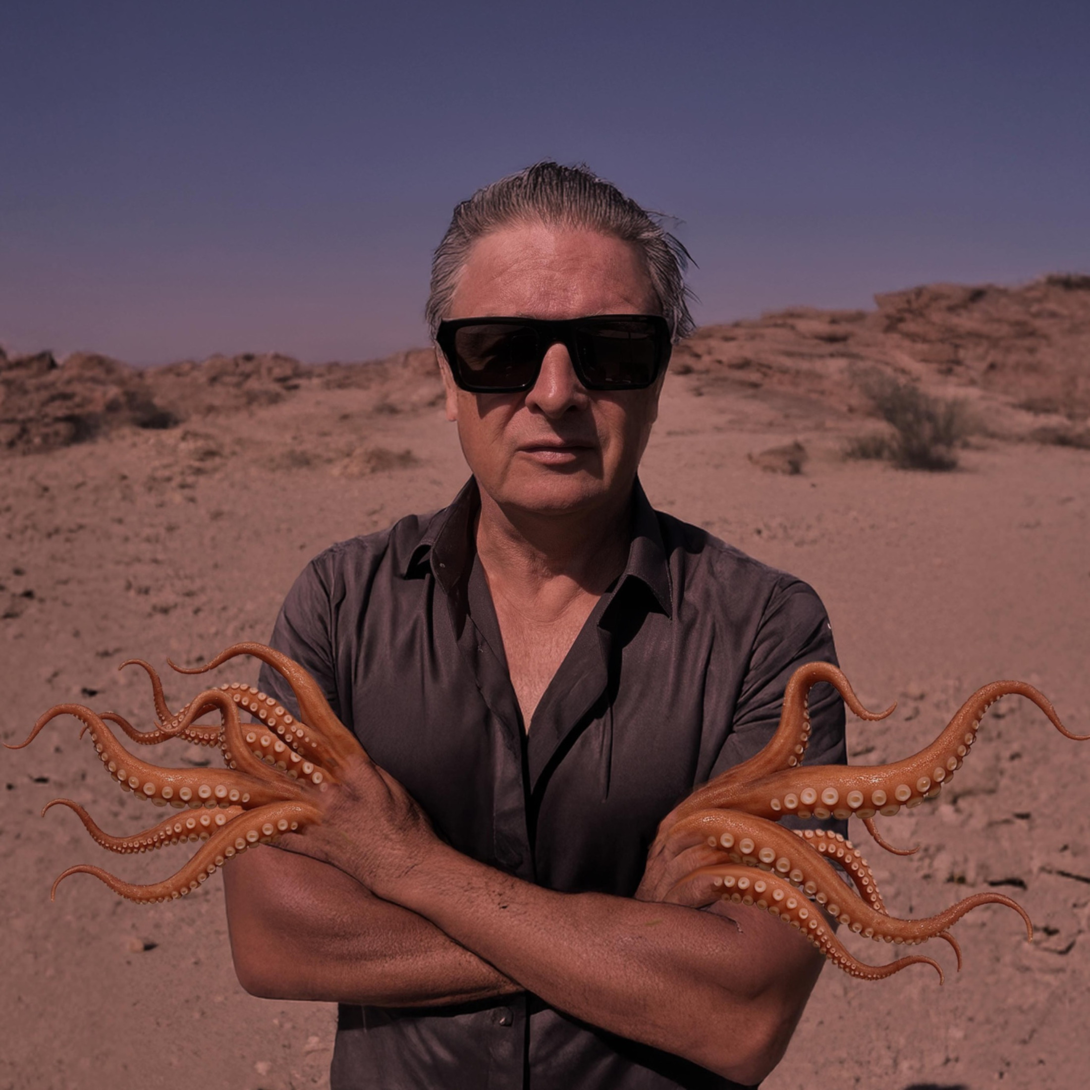 Porträt von Ralf Kepnik mit markanter dunkler Brille in wüstenartiger Landschaft